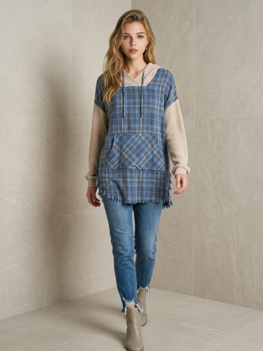 Oli & Hali Plaid Distressed & Waffle Knit Hoodie with Kangaroo Pocket - Medium